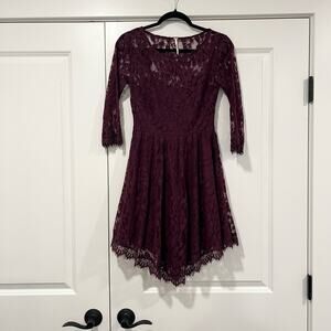 Free People Women's Maroon Purple Lace Fit Flare Mini Dress 3/4 Sleeve Size‎ 0